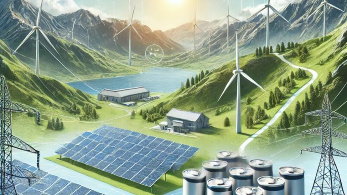picture of solarpanels, wind machines and storage technics  in a alp region with a lake, chatgpt generated