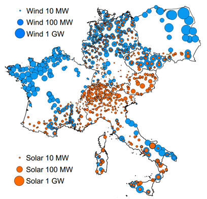 Figure – Locations of new wind and solar capacities in the optimal 2030 RES portfolio.