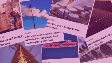 overlaid polaroids of articles, layer with in pink over the whole picture